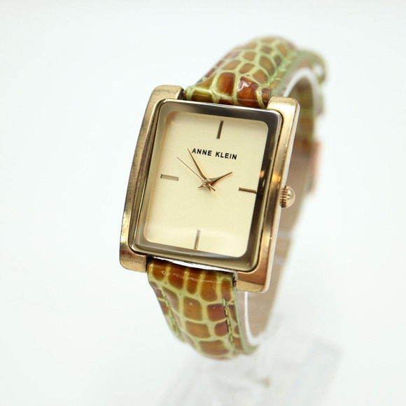 Anne Klein Womens Gold Tone Tank Watch 28mm Green Leather Strap w New Battery - Picture 1 of 16
